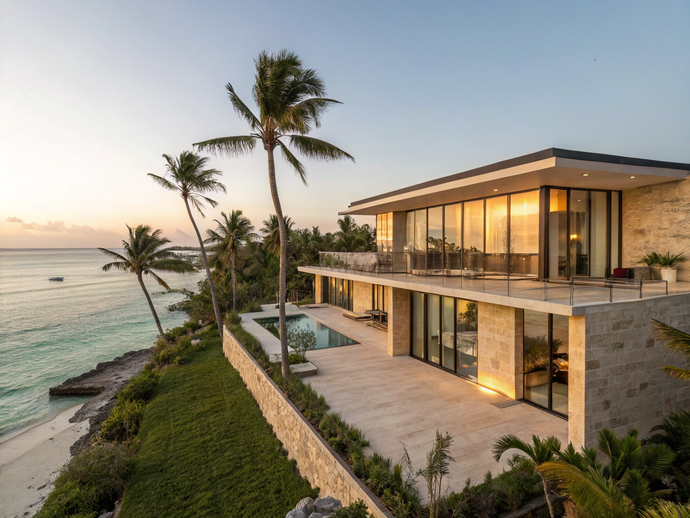 Modern coastal house with bright exterior and landscaped lawn
