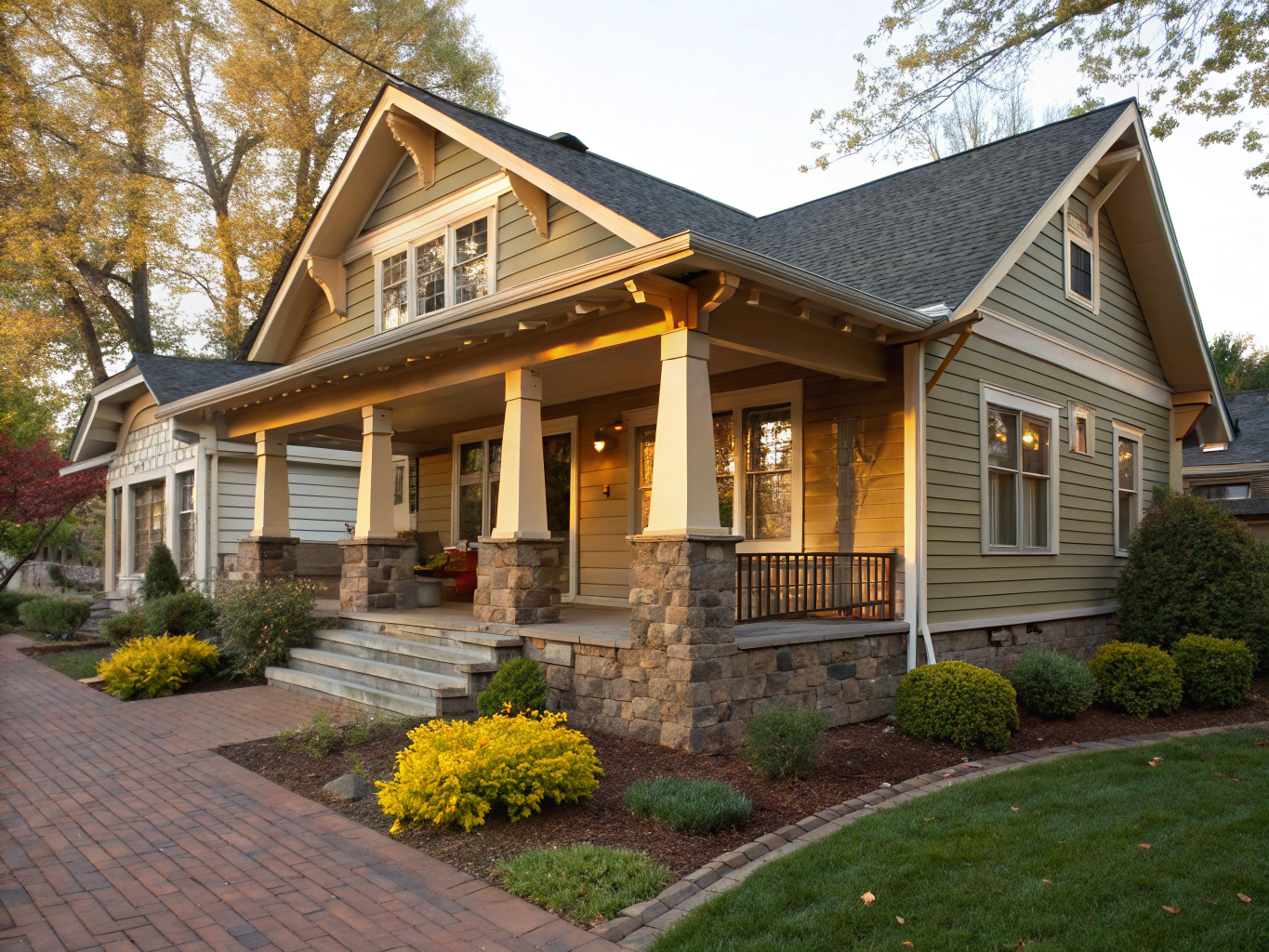 Front elevation of a sunlit craftsman home with large porch