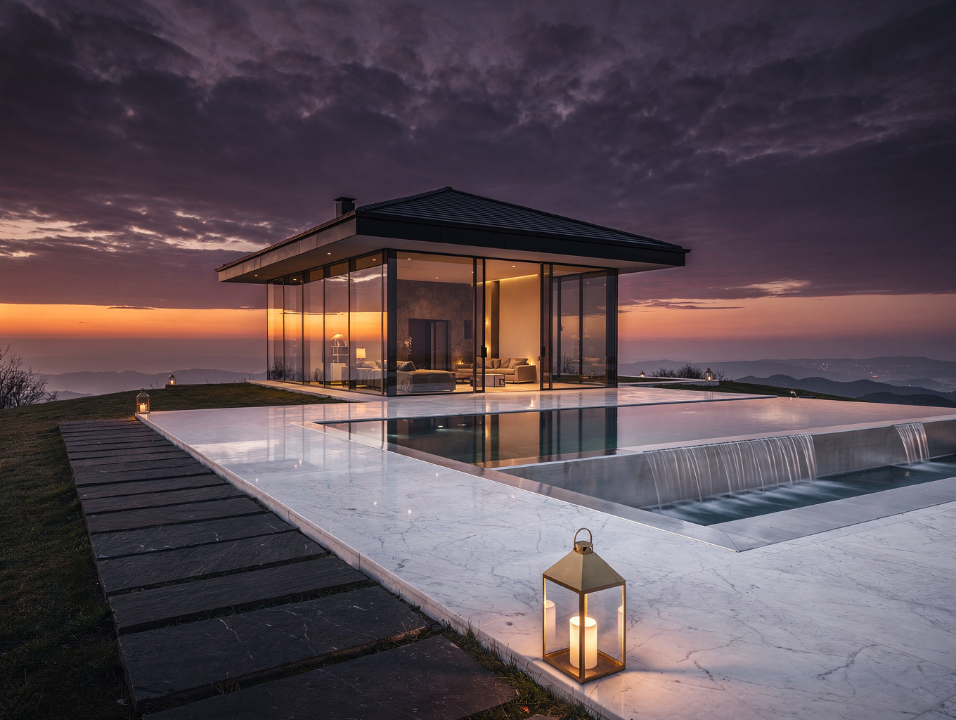 Architectural hillside home with floor-to-ceiling glass windows