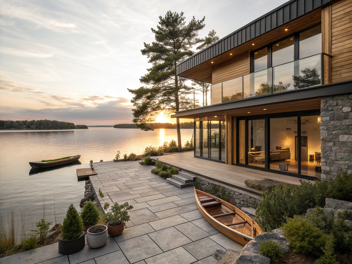 Lakeside home surrounded by evergreen trees at sunset