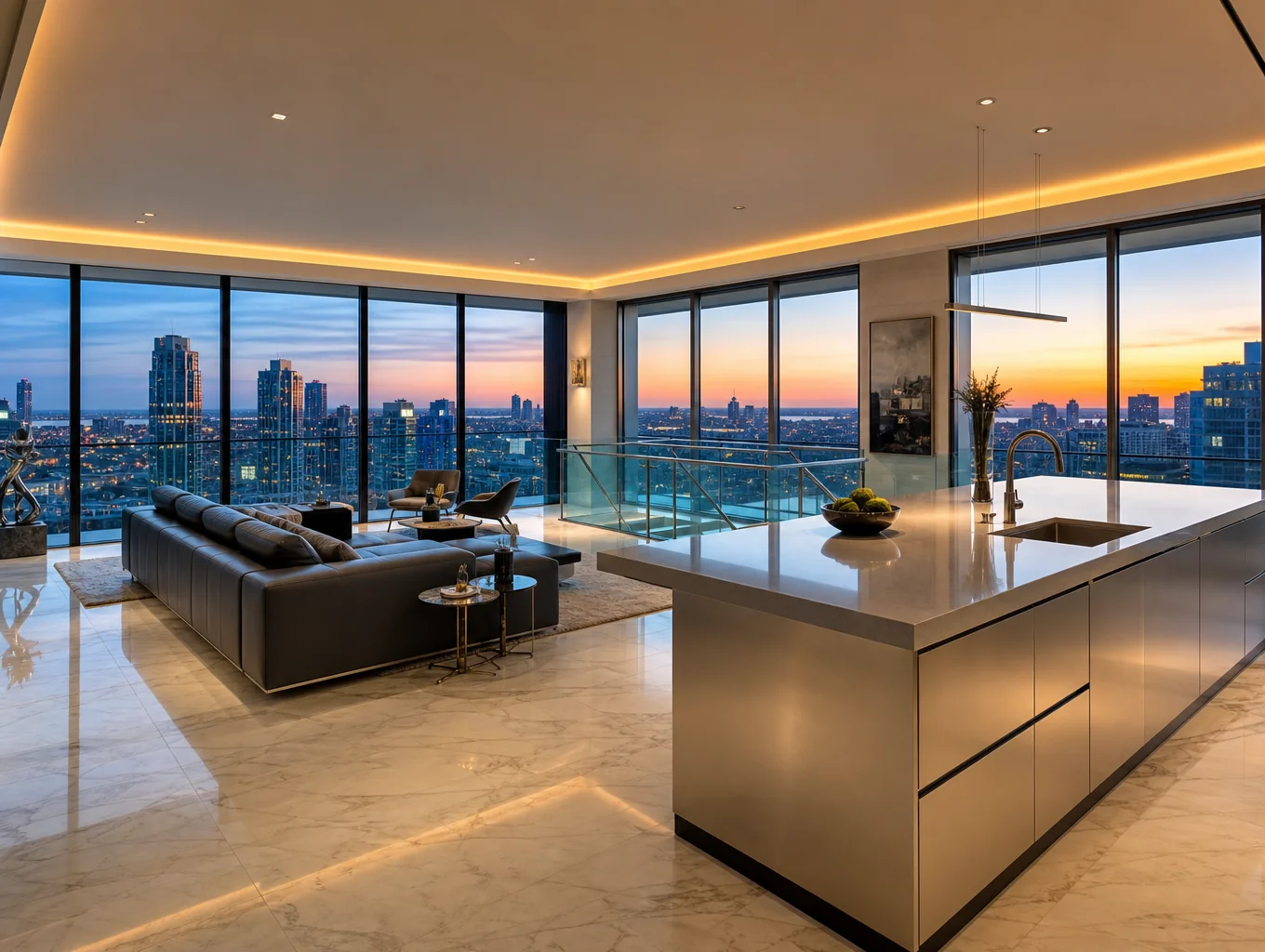 Luxury high-rise apartment interior overlooking a metropolitan skyline